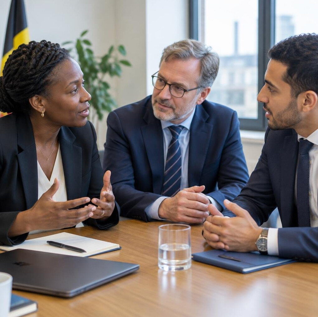 Group of diverse business executives in a discussion around a table