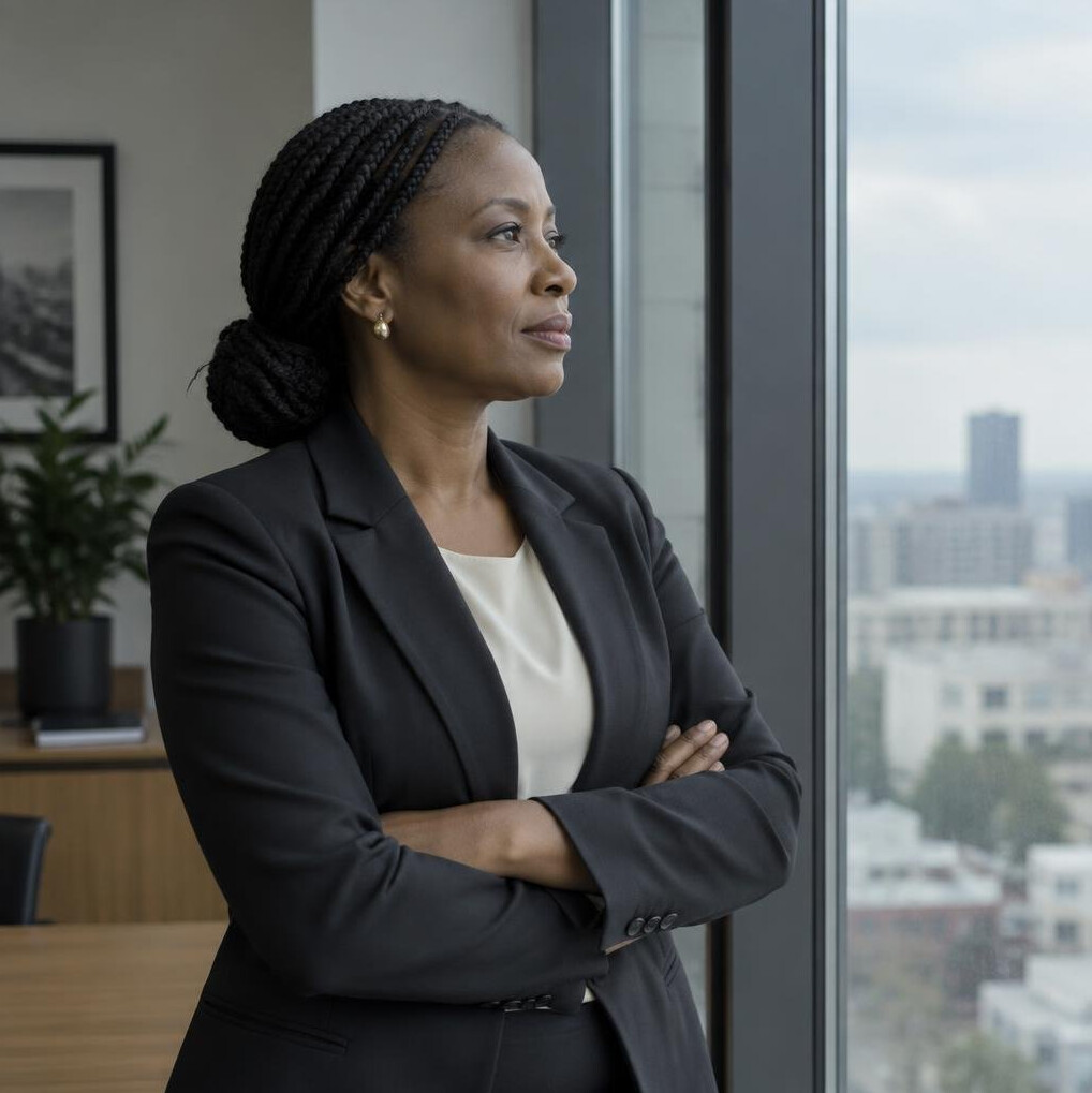 Executive standing alone in quiet reflection near a window