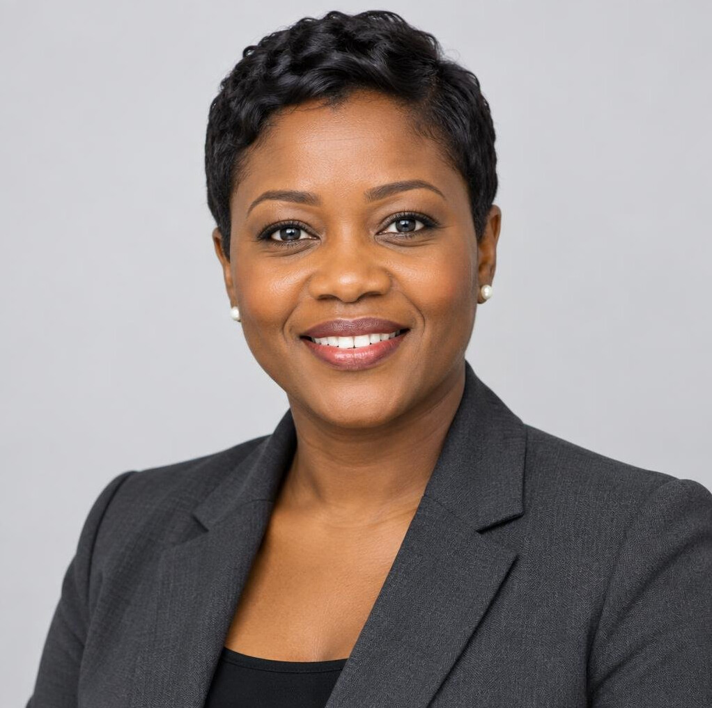Studio portrait of a professional woman with short dark hair