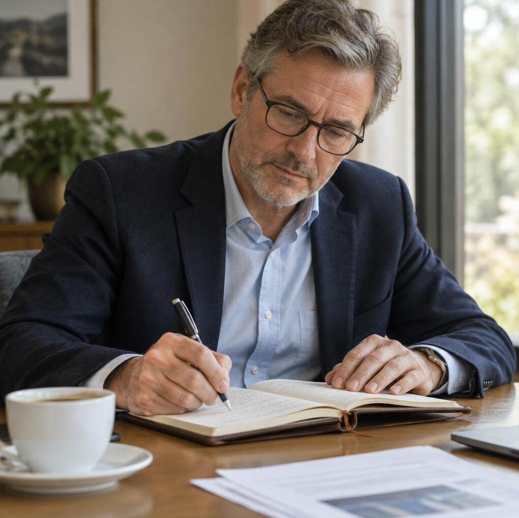 Person writing notes in a notebook during a session