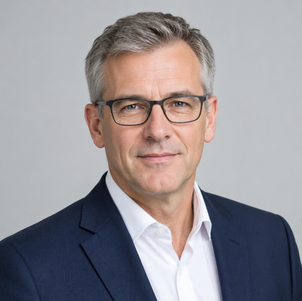 Studio portrait of a middle aged man with glasses