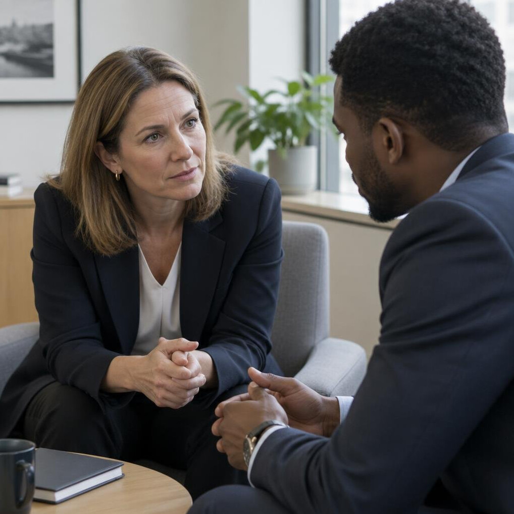 Two colleagues having a focused one on one conversation